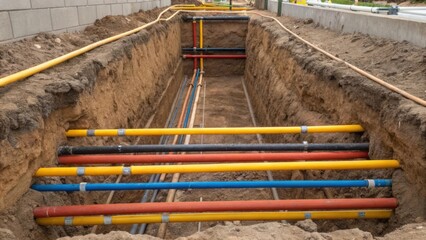 Poster - A closeup on an exposed foundation wall where utility trenches run horizontally each filled with insulated electrical lines water pipes and gas mains. The drama of the exposed