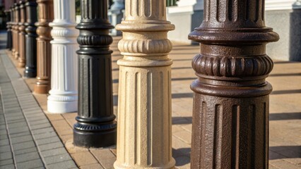 Poster - A closeup reveals the textured surfaces of preassembled light poles showcasing a fusion of matte and glossy finishes. The careful alignment of the pole segments highlights superior