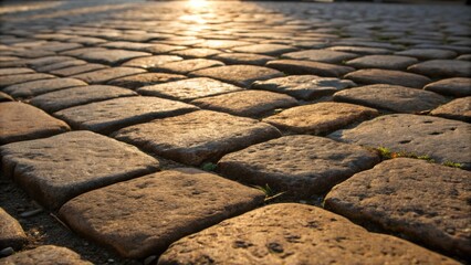 Aufkleber - A closeup perspective of rustic cobblestone pavers their rounded surfaces and uneven edges telling a story of history and durability. The soft interplay of light and shadow across