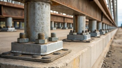 Aufkleber - A closeup shot focuses on the bolts and connections securing the pillars to their footings. The metallic finish contrasts with the weathered concrete showcasing the harmony between