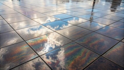 Aufkleber - A closeup shot capturing the reflection of swirling clouds on the glossy surface of polished pavers. The interplay of colors and reflections creates an illusion of depth turning
