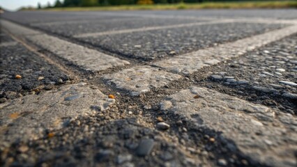 Poster - A closeup shot of the road surface intersected with tire marks and weathered patches revealing the asphalts texture. The grains and pebbles can be seen clearly