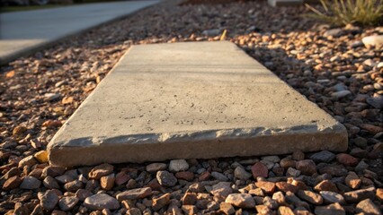 Aufkleber - A closeup view of a single sidewalk slab resting on a bed of crushed stone highlighting the subtle variations in thickness and texture. The interplay of light and shadow draws