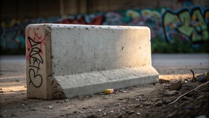 Poster - A closeup view of a single concrete barrier showing a small patch where graffiti has been sprayed contrasting the otherwise uniform rough surface. The light glints off the smooth