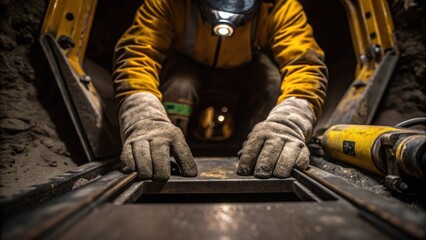 Aufkleber - A closeup view of a workers hands gloved and covered in dust as they prepare to inspect the tunnel entrance just od by the machine. Tools glint in the low light reflecting the