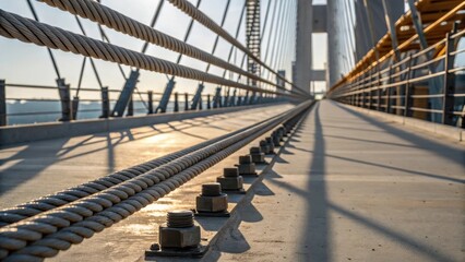Aufkleber - A closeup view of steel cables snaking through a lifting mechanism poised above the meticulously aligned bridge deck sections. The cables cast strong shadows on the concrete