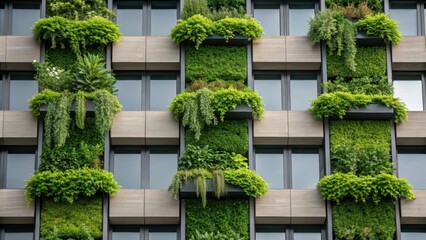 Poster - A closeup view showcases modular panels with integrated greenery combining architecture with nature. Small planters are incorporated into the design allowing vibrant plants to