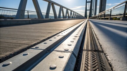 Aufkleber - A close view of a newly installed expansion joint showcasing fresh paint and sharp edges against the backdrop of the bridge. An inspection light casts dramatic shadows highlighting