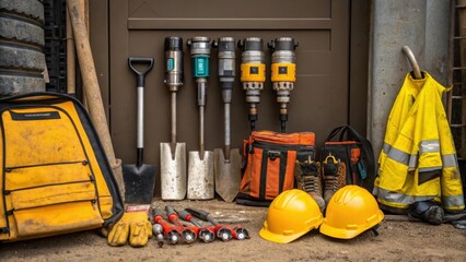 Aufkleber - A dense array of tools and equipment lies tered near the construction portal with gleaming metallic drills heavyduty shovels and reinforced safety gear. Each item tells the story