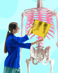 Wall Mural - Female healthcare professional reviews yellow chest X-ray overlay on skeleton model, focusing on medical diagnostics. Conceptual design. Concept of health care, medicine, bones health