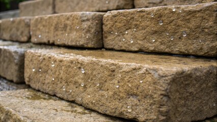 Aufkleber - A detailed closeup of the rough surfaces and small imperfections on the face of several stacked retaining wall blocks. Water droplets cling to the uneven surfaces after a recent