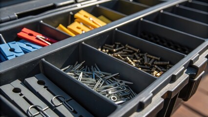 Poster - A detailed focus on a section of the storage bin revealing clips sorted by type with some featuring rounded edges while others have sharp angular designs. The interplay of shadows