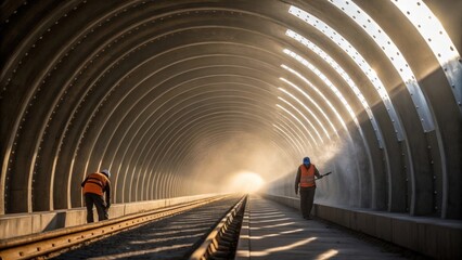 Aufkleber - A detailed exploration of the curved edge of a tunnel segment meeting its neighbor highlighting the precision required in the alignment. Dust particles drift in the sunlight