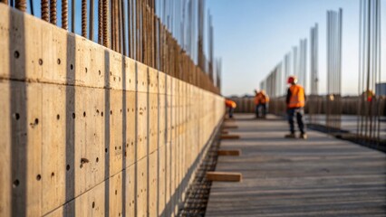 Aufkleber - A detailed examination of the construction site reveals the textured surface of the concrete walls marked by the imprints of wooden forms. In the background workers skillfully
