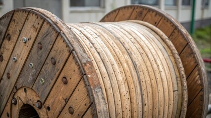 Poster - A detailed image capturing the intricate details of a cable spool where the textured wood grains intersect with the metal fasteners holding it together. The realistic depiction