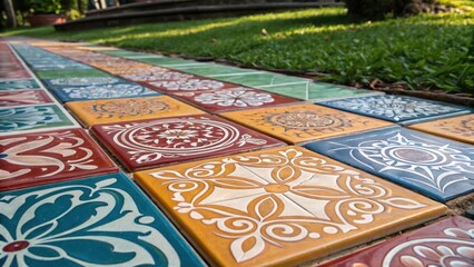Leinwandbilder - A detailed look at a selection of colorful ceramic tiles each patterned with intricate designs. Laid out in a mosaiclike fashion their glossy surfaces reflect snippets of sunlight