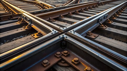 Poster - A detailed look at the junction where multiple overhead rail supports converge revealing complex interlocking joints. The metallic hues reflect the surrounding environment creating