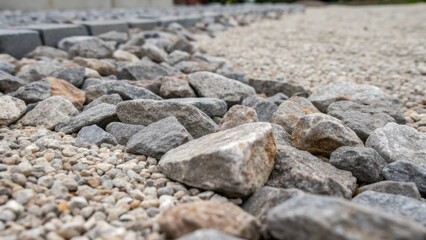 Poster - A detailed shot of the gravel bed after compaction focusing on the small gaps between rocks that are now filled with finer particles enhancing stability. This image captures the