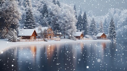 Poster - Cozy Winter Cabins by a Snow-covered Lake Surrounded by Pines : Generative AI