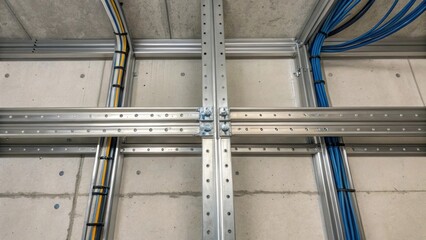 Aufkleber - A detailed view of a cable tray junction where multiple trays intersect and converge. The gleaming metal edges are contrasted against the rough unfinished concrete walls