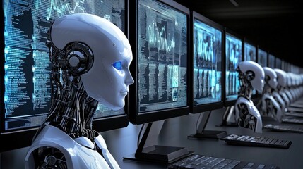 Robot in front of a screen filled with digital data, codes, and futuristic interface elements. Concept of technology and cyber themes. Generative by AI.
