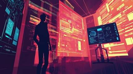 Silhouette of a person in front of a screen filled with digital data, codes, and futuristic interface elements. Concept of technology and cyber themes. Generative by AI.