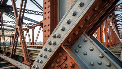 Leinwandbilder - A detailed view of a steel truss assembly reveals the intricacies of the bolted connections. The composition captures the varying thicknesses of the steel and the intricate