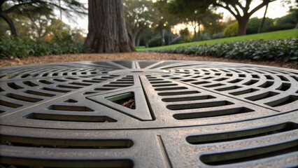 Aufkleber - A detailed view of a tree grate featuring a geometric design that integrates with the surrounding landscape. The metal sheen catches the afternoon light reflecting nearby greenery