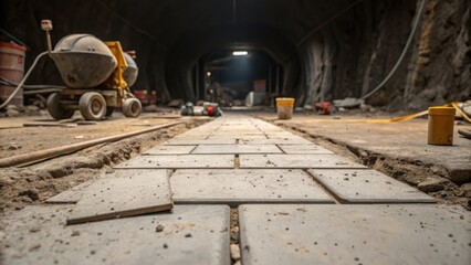 Poster - A detailed view of the tunnel floor strewn with debris dust and construction materials. Scattered around are tools and machinery including a concrete mixer. The ground is partially