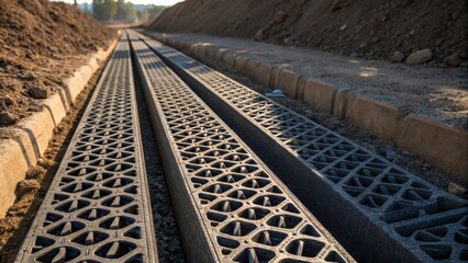 Aufkleber - A diagonal perspective captures the interplay of light and shadow a a series of stacked drainage grates their edges casting intricate shapes on the ground below. The trench
