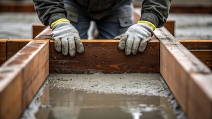 Poster - A dramatic closeup of a workers hands as they adjust wooden formwork around an unfinished pier. The rich brown of the wood contrasts with the light gray of wet concrete and fine