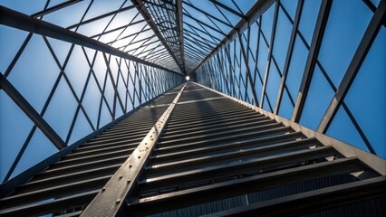 Aufkleber - A dramatic perspective of ascending steel girders their lines converging toward the sky. The interplay of light and shadow creates a dynamic visual rhythm highlighting the girders