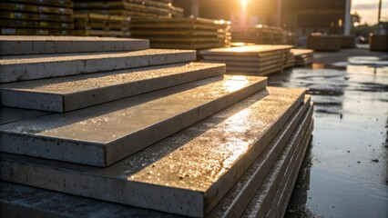 Aufkleber - A dynamic angle reveals a series of pre slabs stacked in a semirandom arrangement the sun glinting off the wet surfaces that give off a slight sheen. Some slabs show evidence of