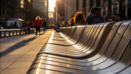 Fototapete - A dynamic capture of the curved edges of the benches emphasizing ergonomic design as sunlight reflects off the smooth finishes suggesting comfort and casual social interaction in