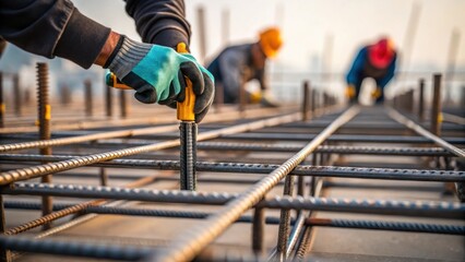 Aufkleber - A dynamic composition showing laborers preparing the supports for installation their hands expertly handling the metal pieces. The focus zeroes in on a hand gripping a tool with