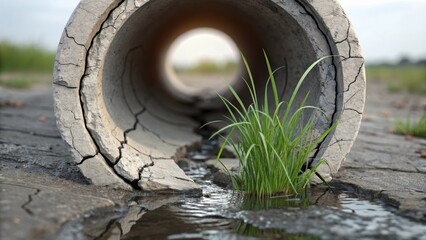 Poster - A dynamic view featuring a concrete pipe that has cracked and is starting to show signs of erosion with tufts of grass sprouting from the seams. Water trickles from the base