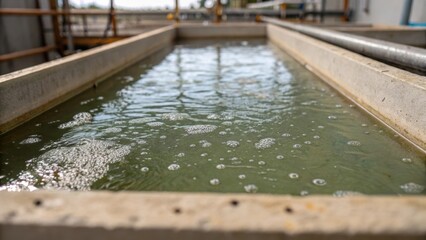 Aufkleber - A focused perspective on the water surface within one of the curing tanks revealing bubbles and small debris floating atop. The inner walls of the tank exhibit rugged imperfections