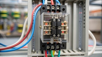 Aufkleber - A focused shot of a control relay showcasing its intricate internal mechanisms and soldered connections. The assemblys complexity is displayed through a web of wires leading to