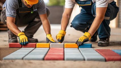 Aufkleber - A focused view of two laborers kneeling on the ground hands gloved and equipped with tools as they adjust the alignment of several vibrant rectangular paving stones. The detailed