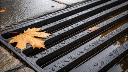 Poster - A group of grates positioned beside each other their edges nearly touching forming a distinct boundary where water meets pavement. Tiny droplets pool on the surfaces reflecting the