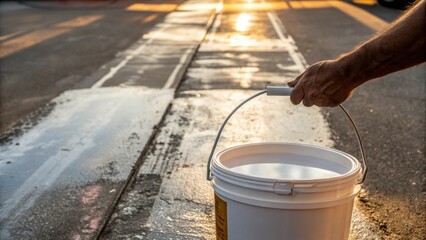 Leinwandbilder - A hand grips the handle of a sealant bucket ready to lift it with a backdrop of a wellworn pavement showing signs of wear and fading. The sunlight glints off the shiny surface of