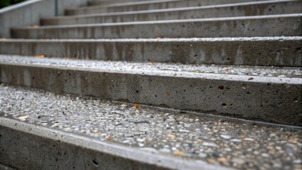 Aufkleber - A groundlevel view captures the raw texture of the precast concrete showcasing small aggregates visible within the surface that give the steps unique character. Glistening droplets