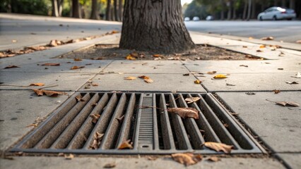 Poster - A lole perspective highlighting the space between a tree grate and pedestrian shoe prints on the nearby sidewalk. Dust and fallen leaves collect at the edges of the grate blending