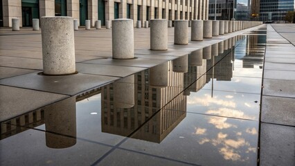 Fototapete - A lole perspective of precast concrete bollards punctuating a pedestrian plaza with reflections of nearby buildings shimmering in puddles after recent rain. The contrast of the