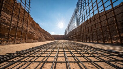 Fototapete - A lole view of the reinforcement grids capturing their imposing presence as they rise towards the sky. The sunlight creates dynamic shadows on the ground accentuating the geometric