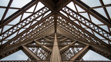 Aufkleber - A lowerangle shot focuses on the intricate design of crossbracing within the steel framework where triangular patterns enhance stability. The beams interconnected with precision