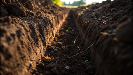 Poster - A macro perspective emphasizing the texture of the soil within the trenchthe dark earth enriched with organic mattersurrounding a row of conduits. Light plays across the surface of
