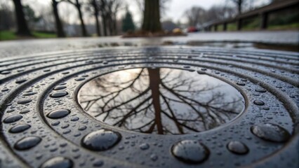 Poster - A macro perspective highlights the textured surface of a stormwater cover with droplets of water clinging to its grooves. The reflection of a nearby tree creates an organic