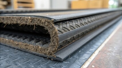 Aufkleber - A macro photograph capturing the grainy texture of a rubber expansion joint with embedded fibers visible illustrating how it is engineered to absorb vibrations while maintaining