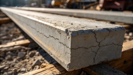 Aufkleber - A macro shot focuses on a part of a preformed concrete beam showcasing the raw texture of the concrete. Fine cracks are evident along the surface hinting at the aging process. The